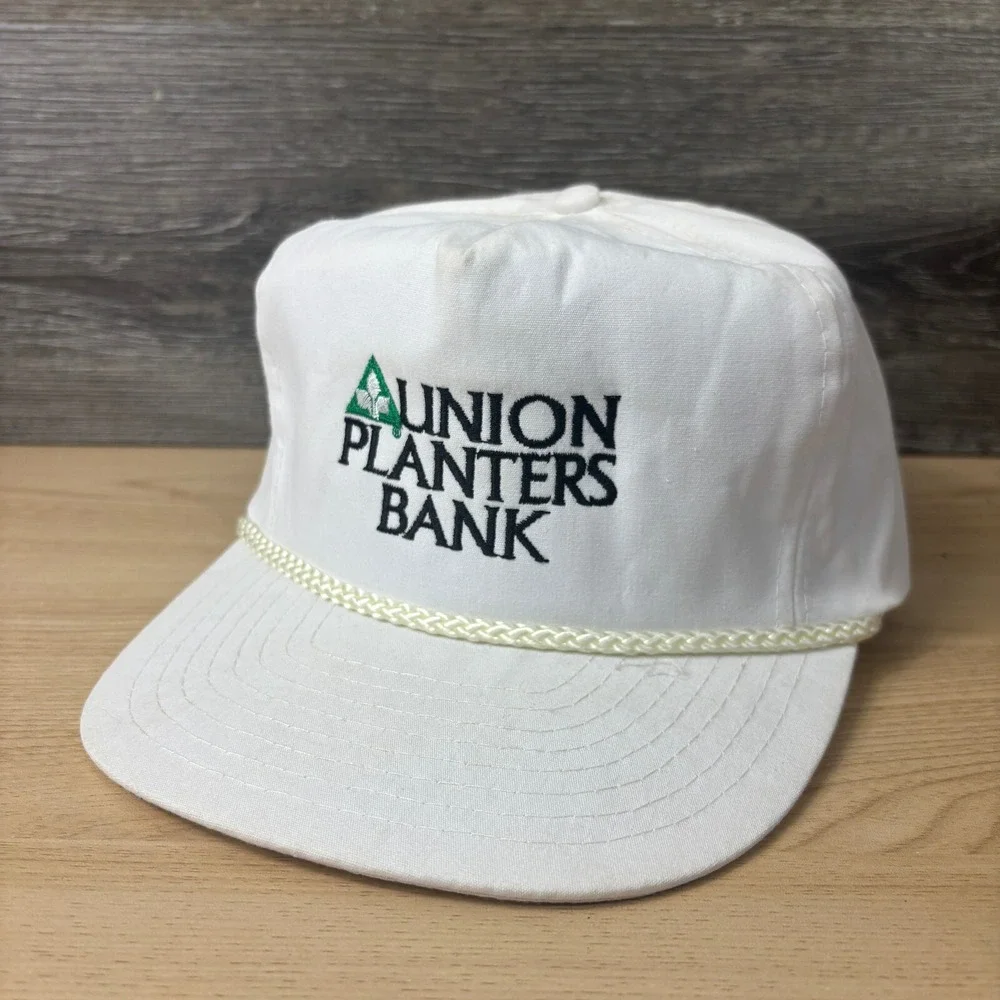 Vintage Union Planters Bank Hat‎ Cap Strap Back White Rope Trucker 90s